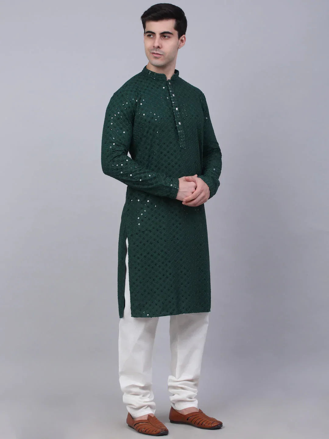 Jompers Men's Olive Green Chikankari Embroidered and Sequence Kurta with Churidar