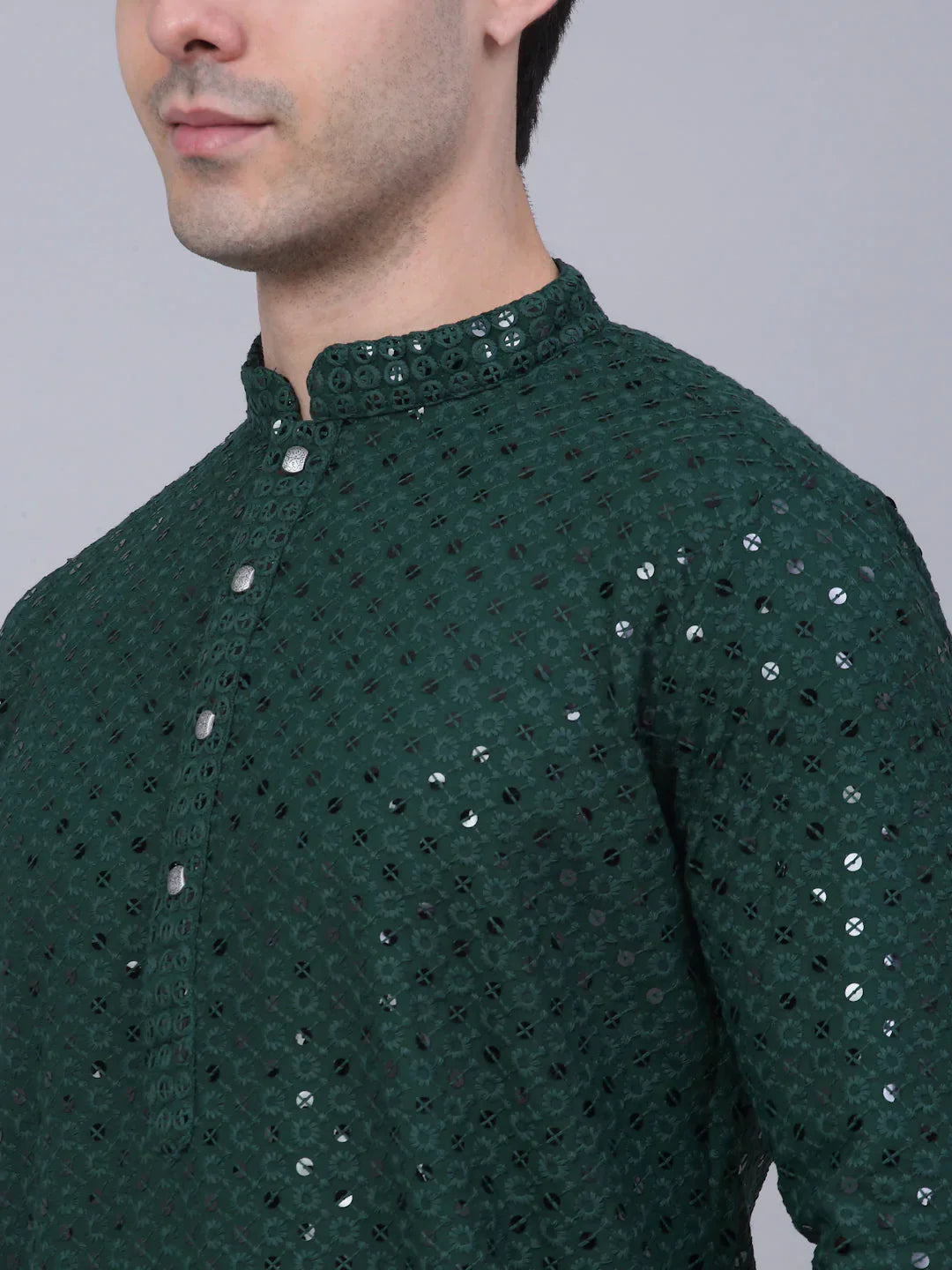 Jompers Men's Olive Green Chikankari Embroidered and Sequence Kurta with Churidar