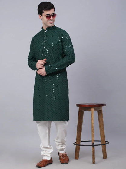 Jompers Men's Olive Green Chikankari Embroidered and Sequence Kurta with Churidar
