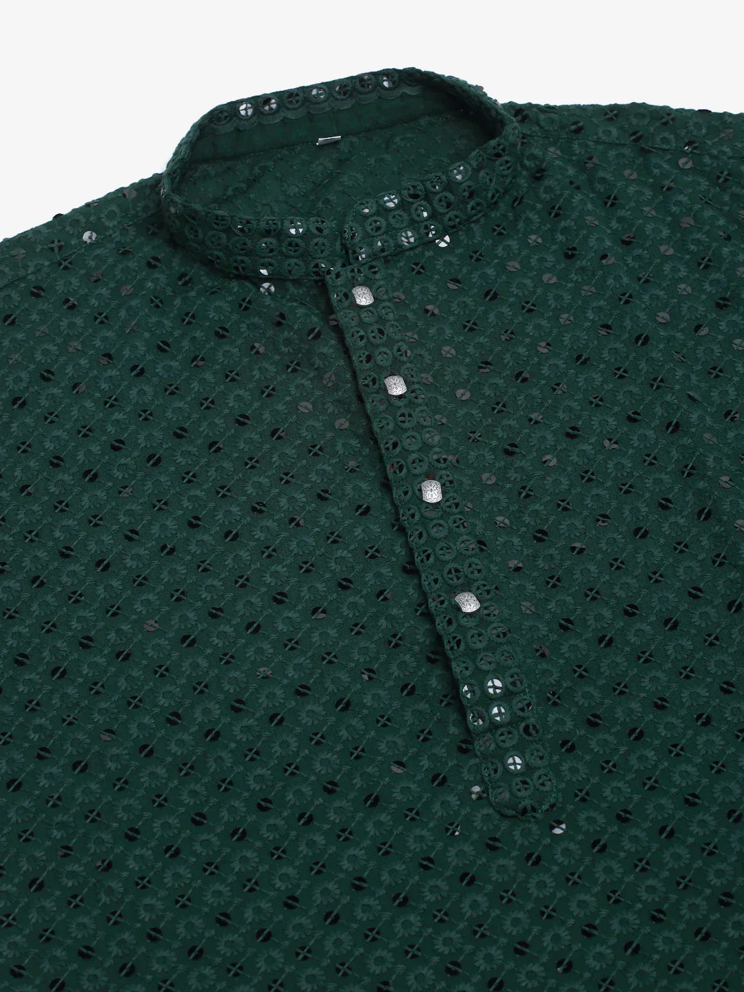 Jompers Men's Olive Green Chikankari Embroidered and Sequence Kurta with Churidar