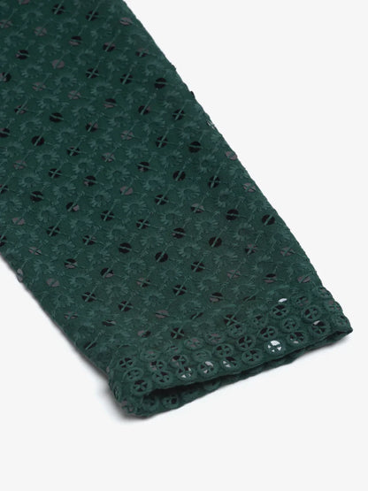 Jompers Men's Olive Green Chikankari Embroidered and Sequence Kurta with Churidar