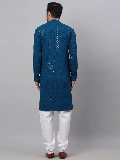 Jompers Men's Blue Chikankari Embroidered and Sequence Kurta with Churidar