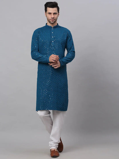 Jompers Men's Blue Chikankari Embroidered and Sequence Kurta with Churidar