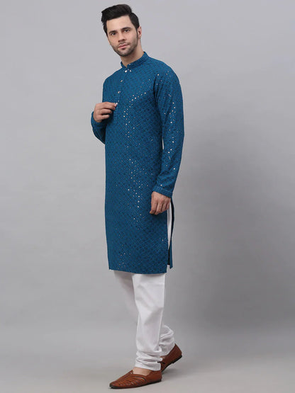 Jompers Men's Blue Chikankari Embroidered and Sequence Kurta with Churidar