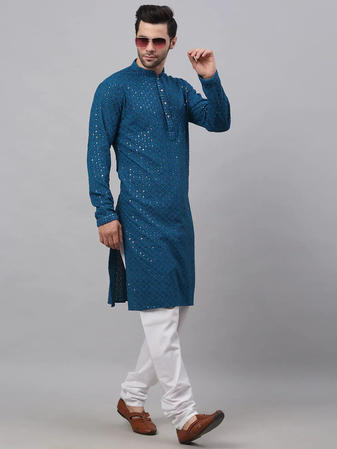 Jompers Men's Blue Chikankari Embroidered and Sequence Kurta with Churidar