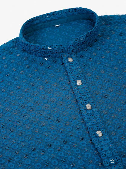 Jompers Men's Blue Chikankari Embroidered and Sequence Kurta with Churidar