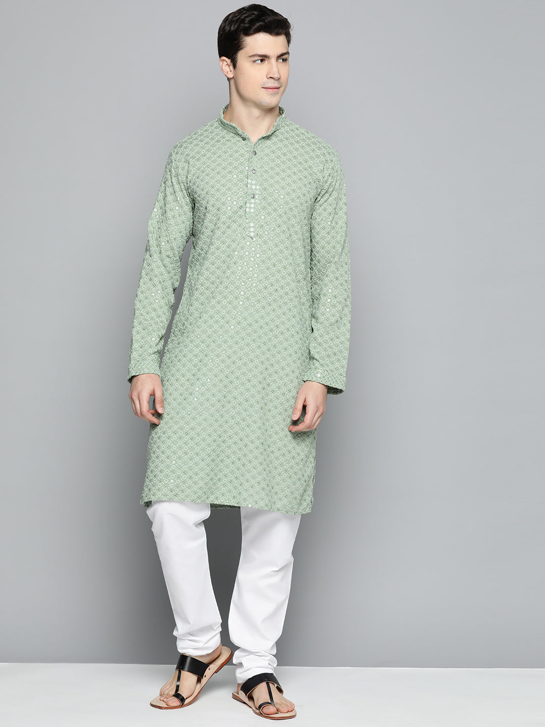 Jompers Men's Pista Green Chikankari Embroidered and Sequence Kurta with Churidar
