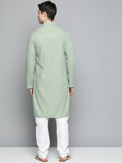 Jompers Men's Pista Green Chikankari Embroidered and Sequence Kurta with Churidar