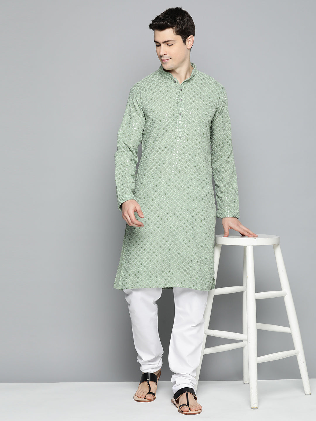 Jompers Men's Pista Green Chikankari Embroidered and Sequence Kurta with Churidar