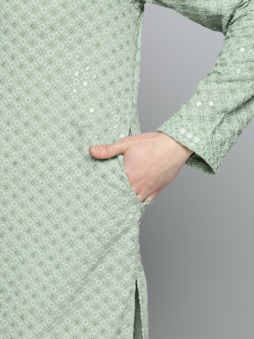Jompers Men's Pista Green Chikankari Embroidered and Sequence Kurta with Churidar