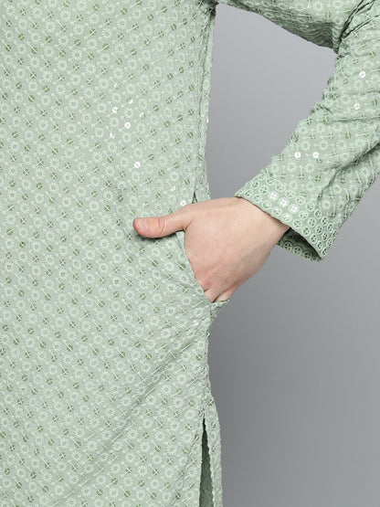 Jompers Men's Pista Green Chikankari Embroidered and Sequence Kurta with Churidar