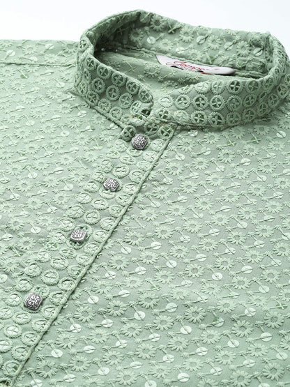 Jompers Men's Pista Green Chikankari Embroidered and Sequence Kurta with Churidar