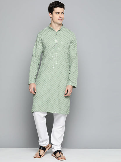 Jompers Men's Green Chikankari Embroidered and Sequence Kurta with Churidar