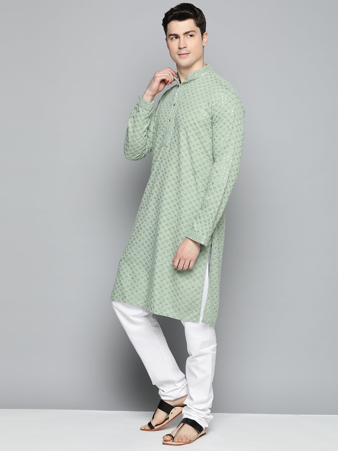 Jompers Men's Green Chikankari Embroidered and Sequence Kurta with Churidar