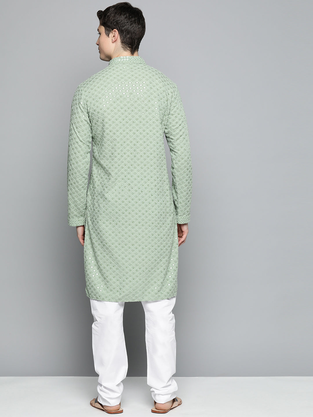 Jompers Men's Green Chikankari Embroidered and Sequence Kurta with Churidar