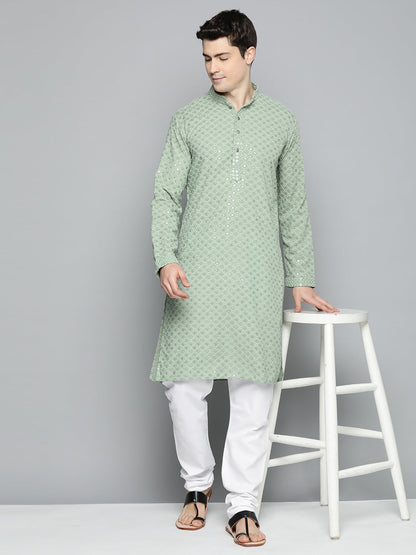 Jompers Men's Green Chikankari Embroidered and Sequence Kurta with Churidar