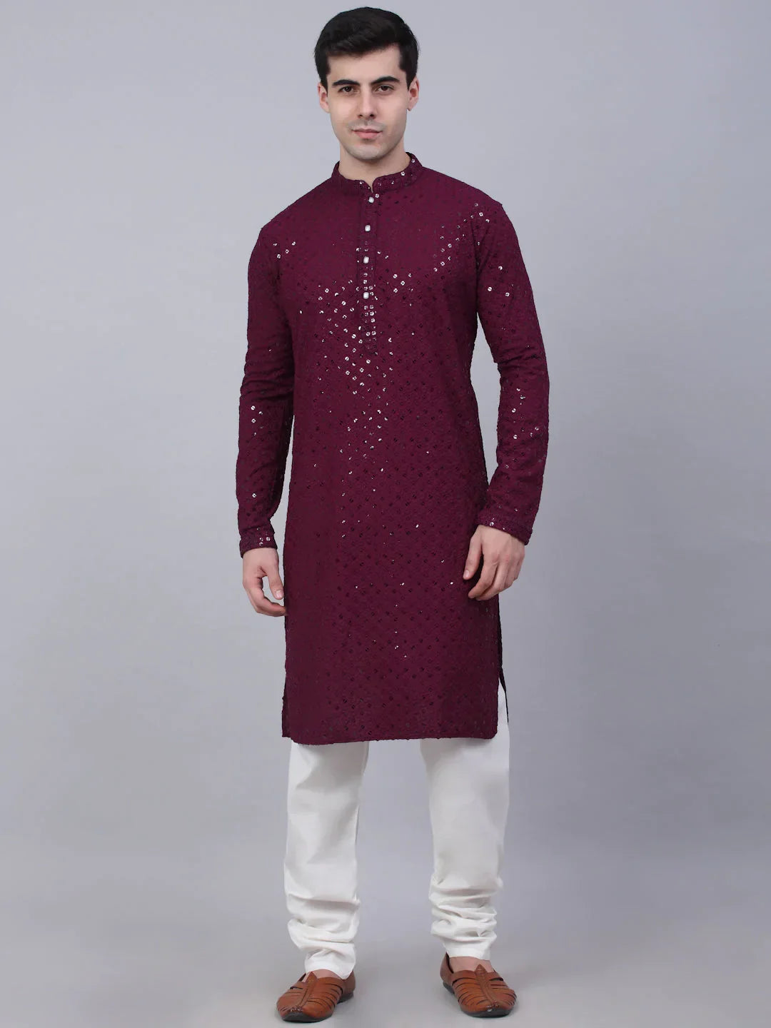 Jompers Men's Purple Chikankari Embroidered and Sequence Kurta with Churidar