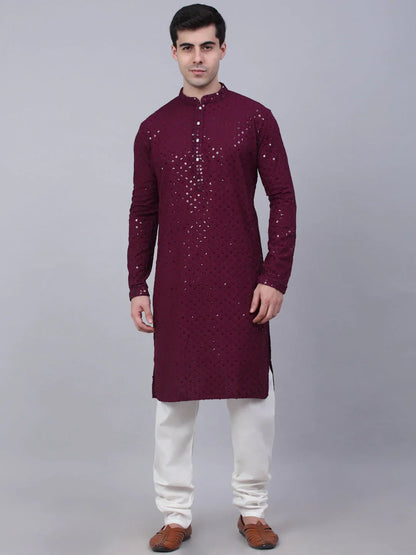 Jompers Men's Purple Chikankari Embroidered and Sequence Kurta with Churidar