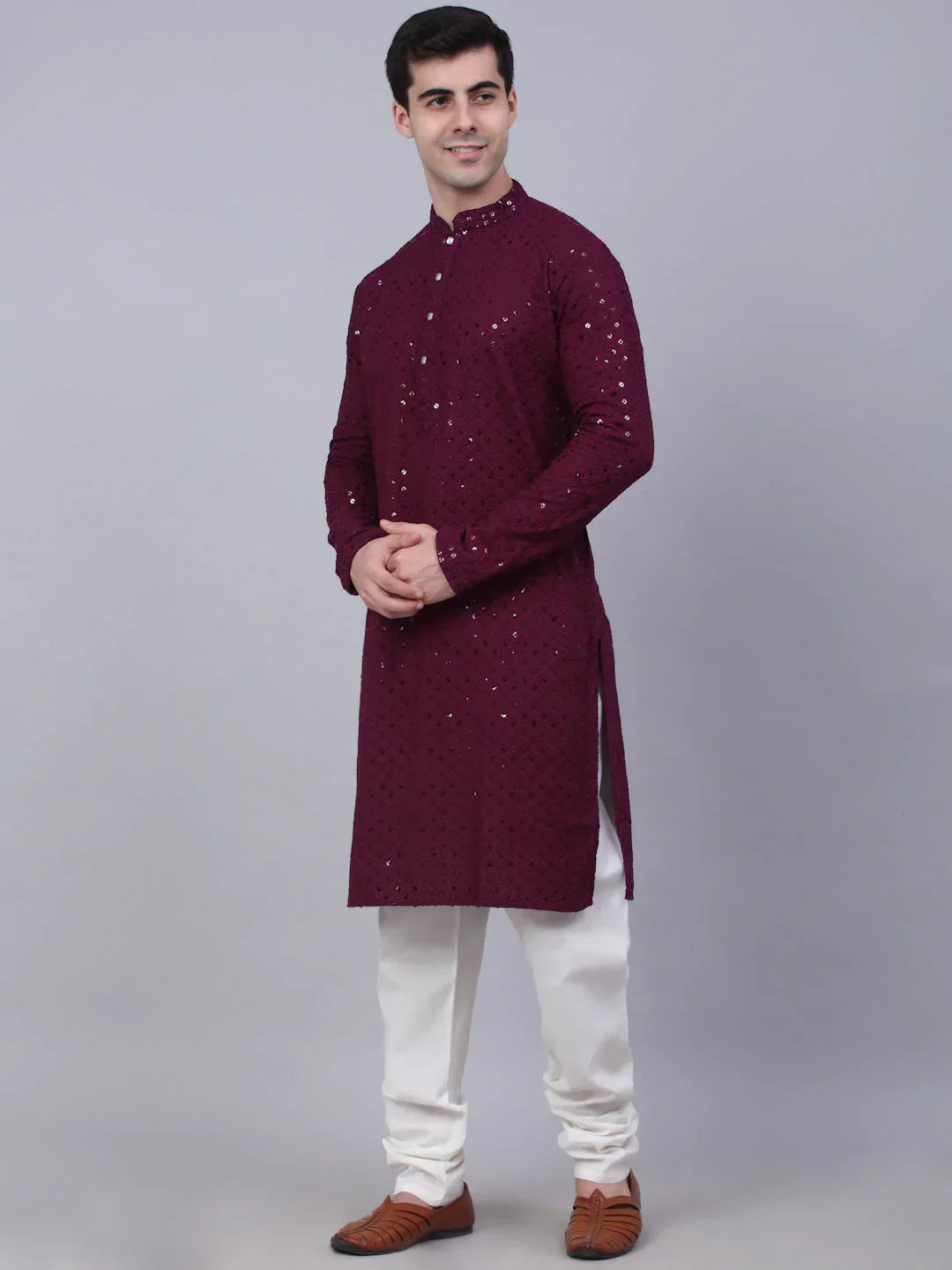 Jompers Men's Purple Chikankari Embroidered and Sequence Kurta with Churidar