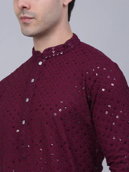Jompers Men's Purple Chikankari Embroidered and Sequence Kurta with Churidar