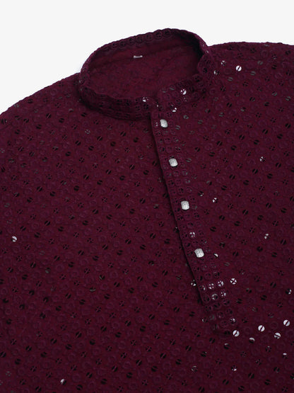 Jompers Men's Purple Chikankari Embroidered and Sequence Kurta with Churidar