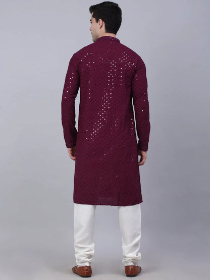 Jompers Men's Purple Chikankari Embroidered and Sequence Kurta with Churidar