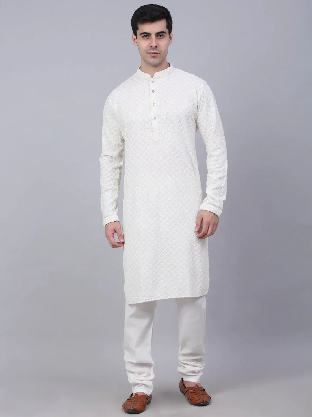 Jompers Men's White Chikankari Embroidered and Sequence Kurta with Churidar