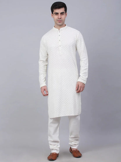 Jompers Men's White Chikankari Embroidered and Sequence Kurta with Churidar