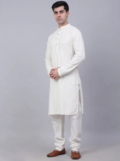 Jompers Men's White Chikankari Embroidered and Sequence Kurta with Churidar
