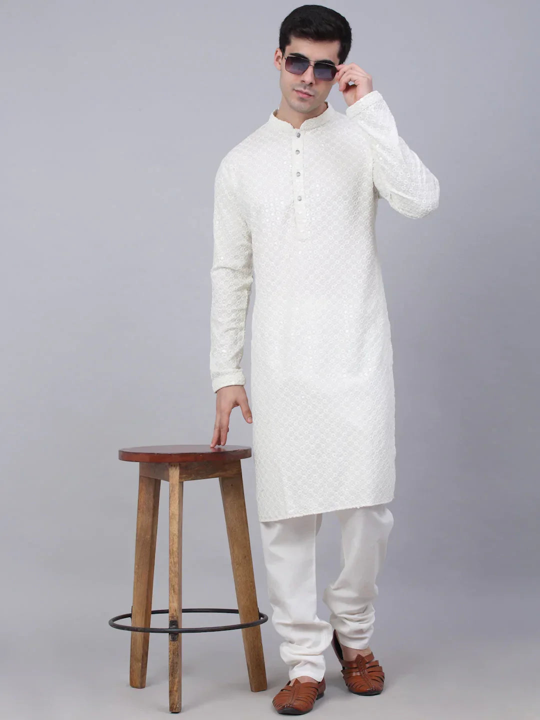 Jompers Men's White Chikankari Embroidered and Sequence Kurta with Churidar