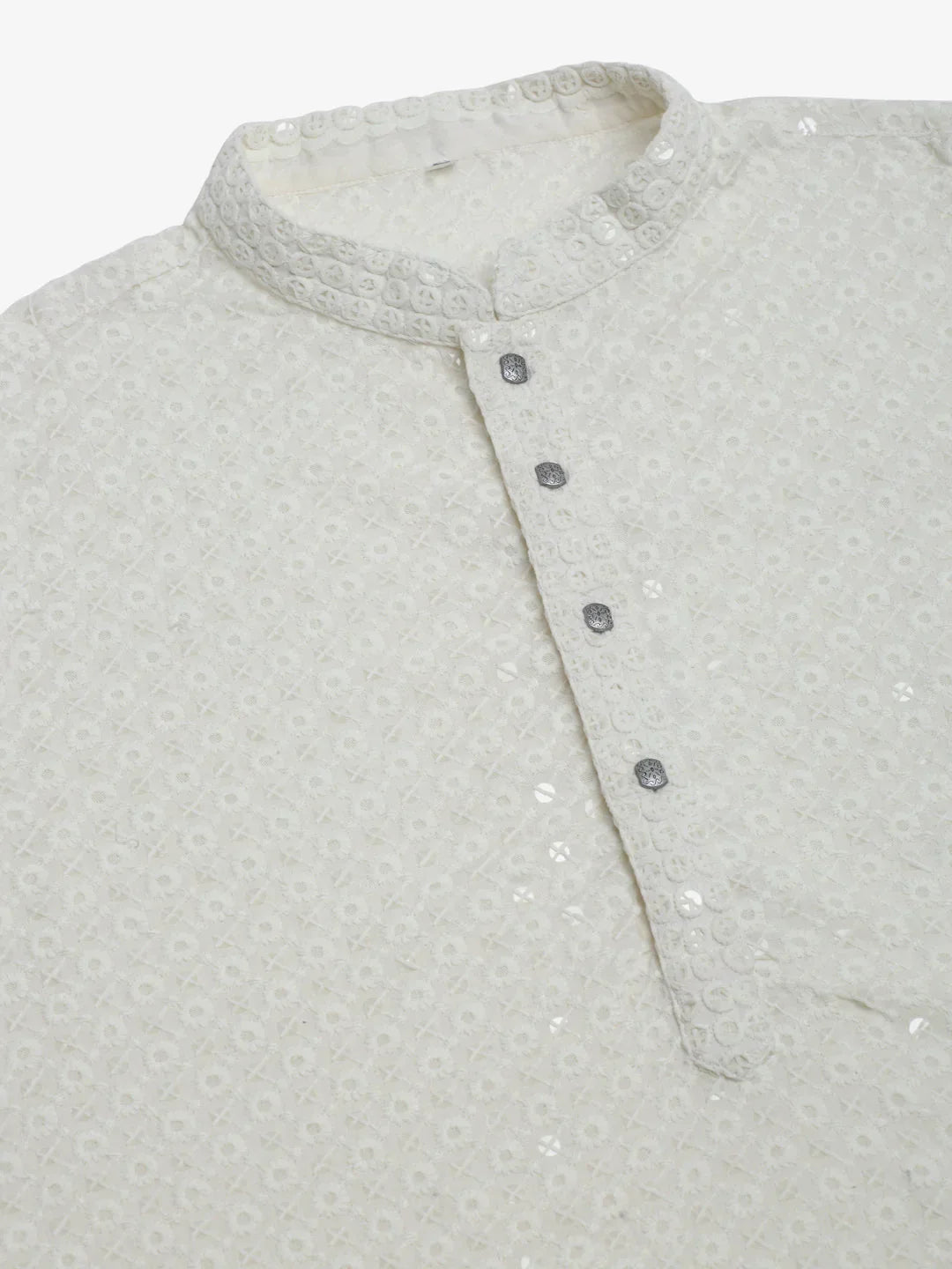 Jompers Men's White Chikankari Embroidered and Sequence Kurta with Churidar