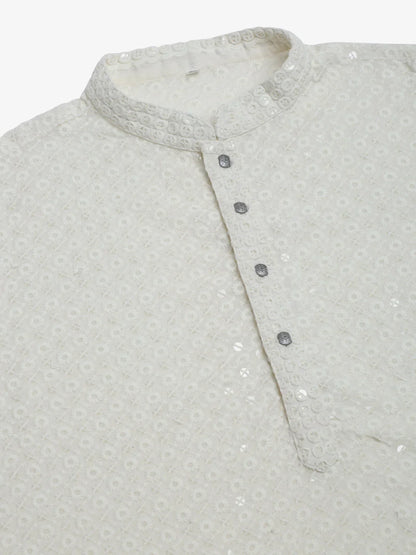 Jompers Men's White Chikankari Embroidered and Sequence Kurta with Churidar