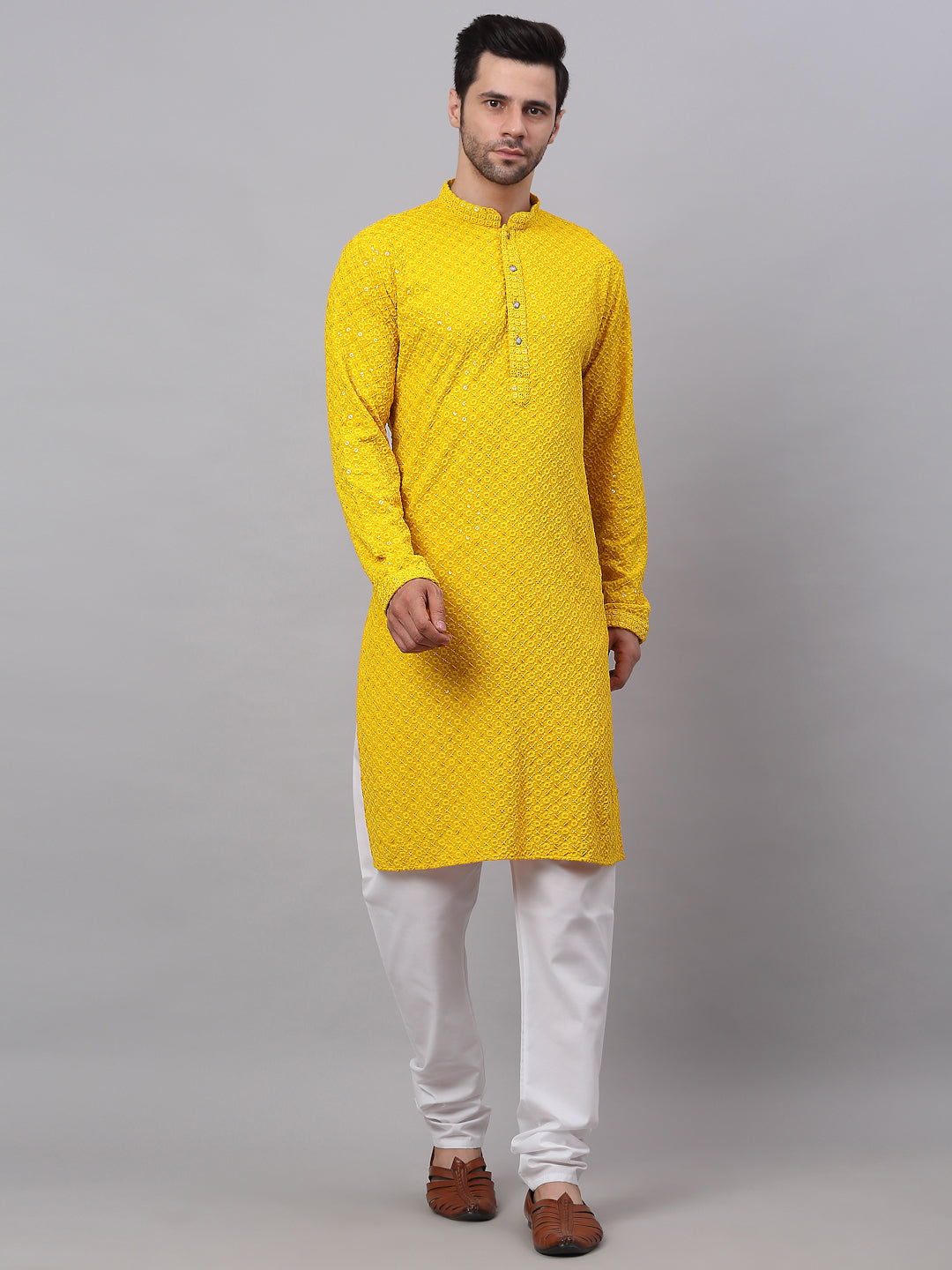 Jompers Men's Yellow Chikankari Embroidered and Sequence Kurta with Churidar