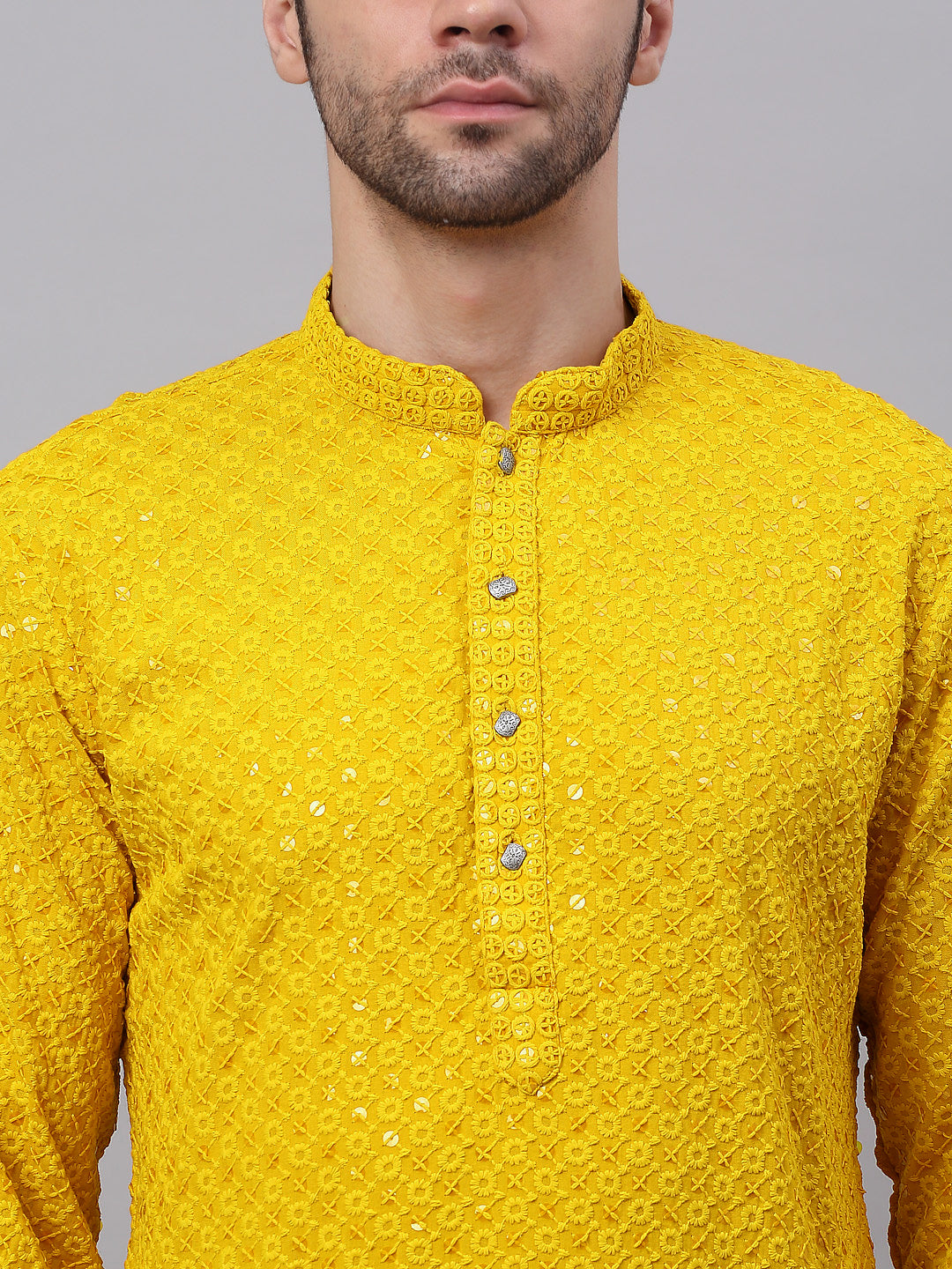 Jompers Men's Yellow Chikankari Embroidered and Sequence Kurta with Churidar