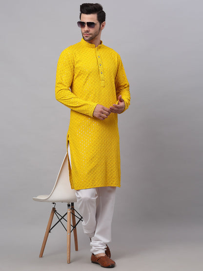 Jompers Men's Yellow Chikankari Embroidered and Sequence Kurta with Churidar