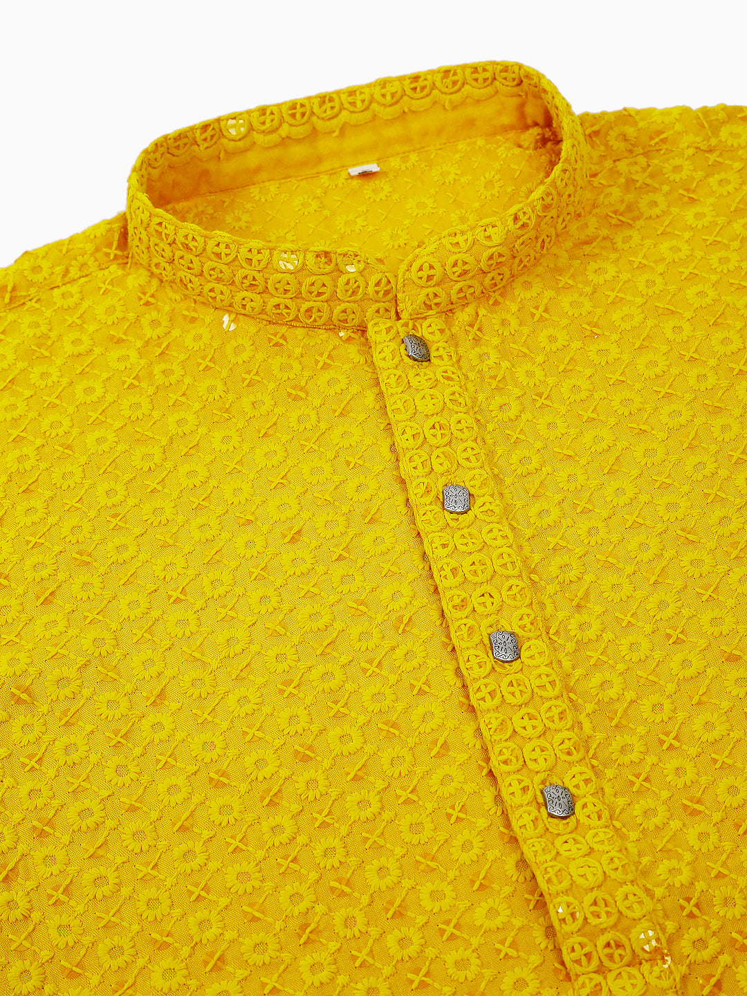 Jompers Men's Yellow Chikankari Embroidered and Sequence Kurta with Churidar