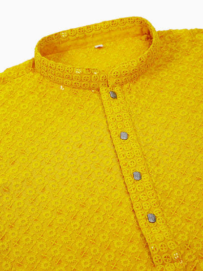 Jompers Men's Yellow Chikankari Embroidered and Sequence Kurta with Churidar