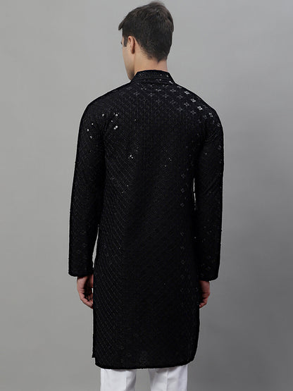 Jompers Men's Black Chikankari Embroidered and Sequence Kurta