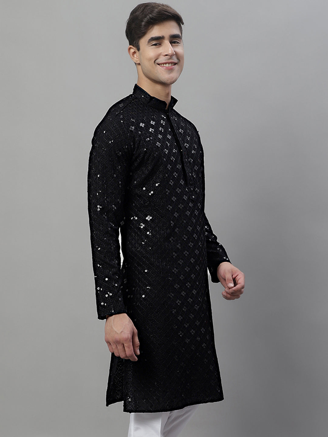 Jompers Men's Black Chikankari Embroidered and Sequence Kurta