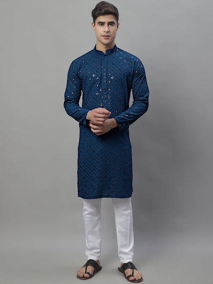 Jompers Men's Peacock Blue Chikankari Embroidered and Sequence Kurta