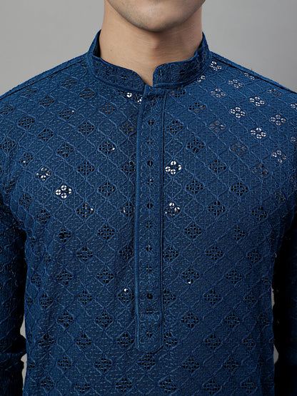 Jompers Men's Peacock Blue Chikankari Embroidered and Sequence Kurta