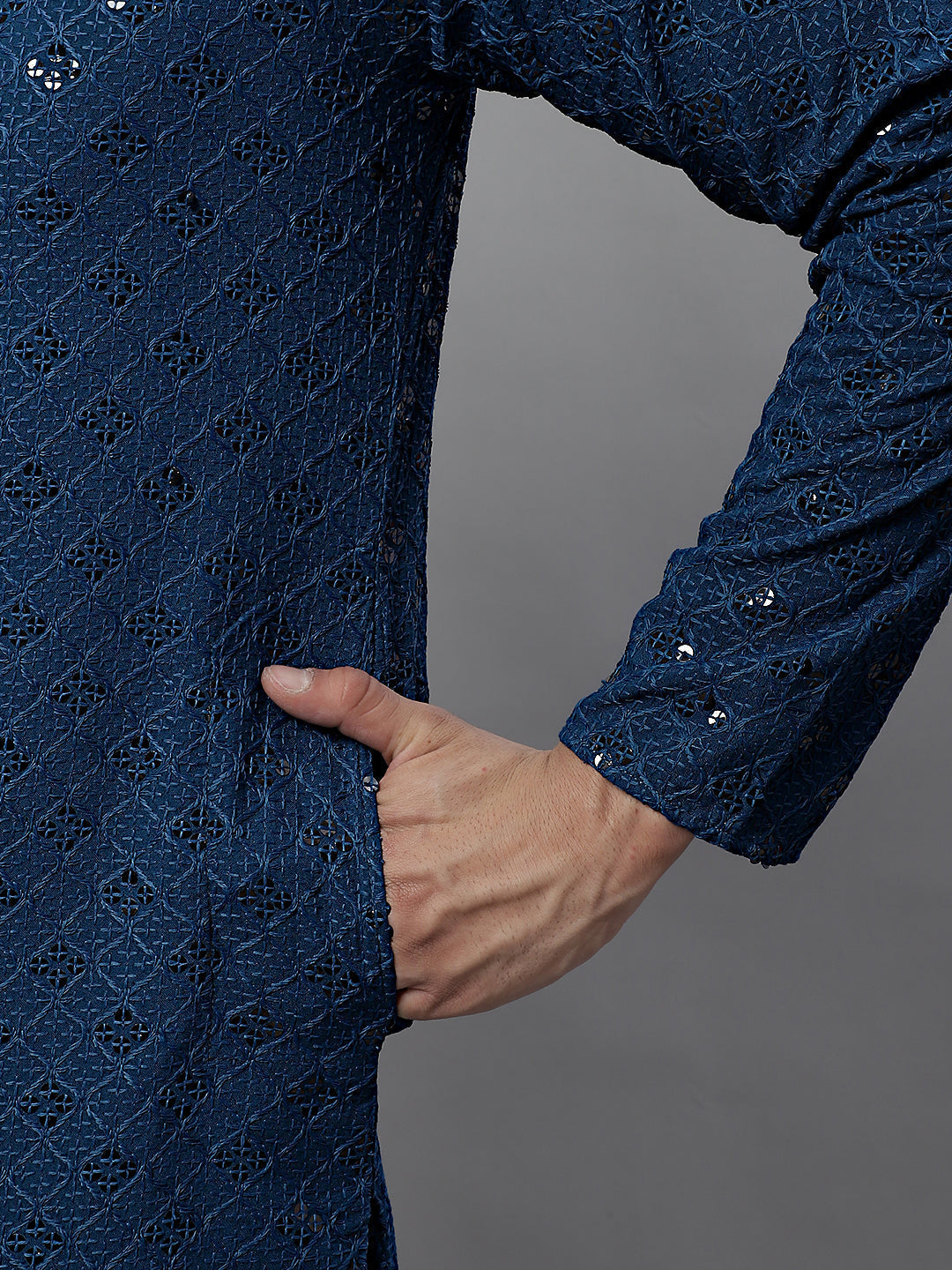 Jompers Men's Peacock Blue Chikankari Embroidered and Sequence Kurta