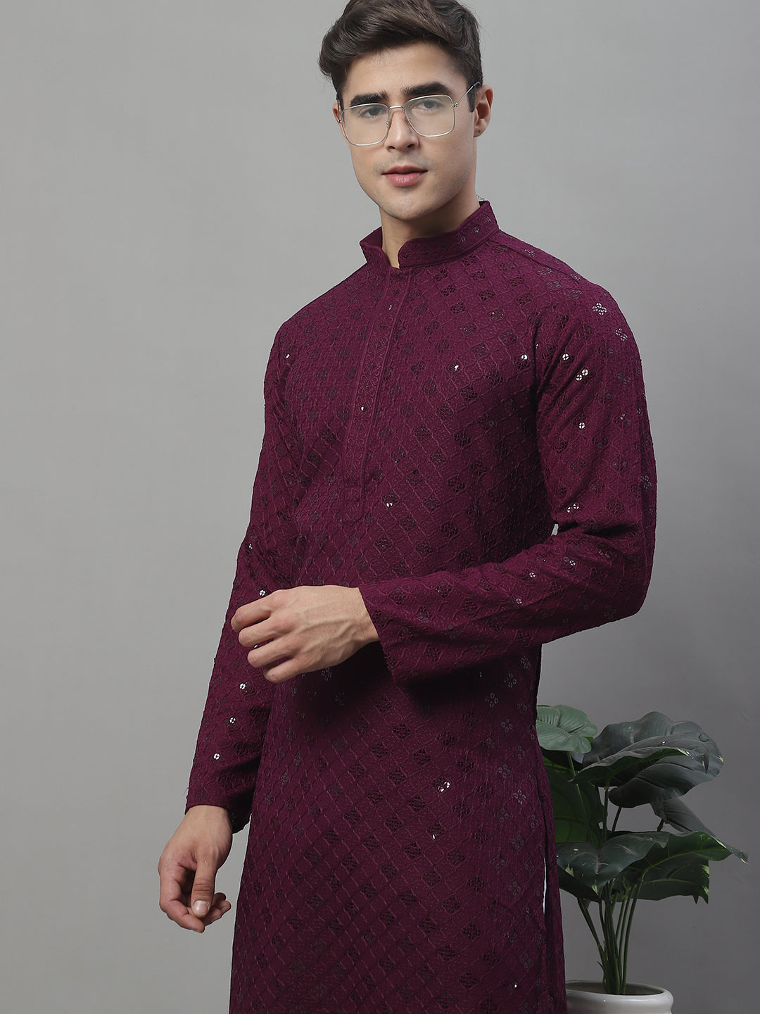 Jompers Men's Purple Chikankari Embroidered and Sequence Kurta