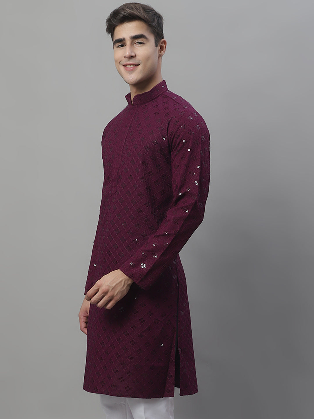 Jompers Men's Purple Chikankari Embroidered and Sequence Kurta