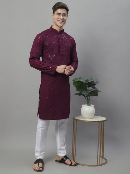Jompers Men's Purple Chikankari Embroidered and Sequence Kurta