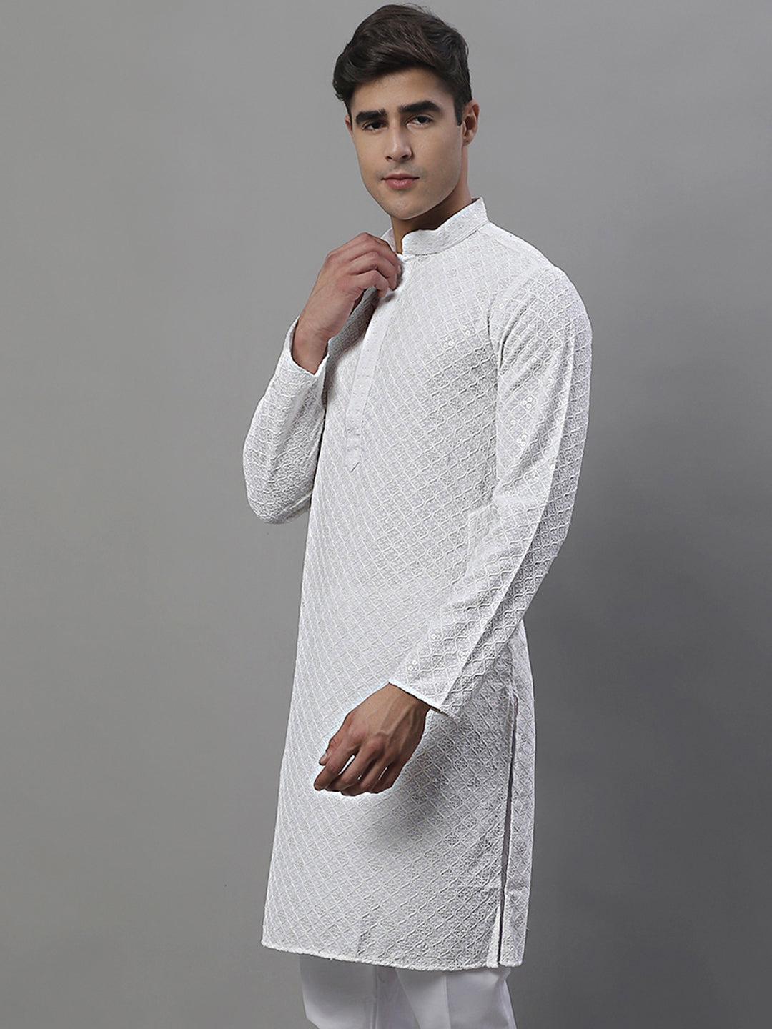 Jompers Men's White Chikankari Embroidered and Sequence Kurta