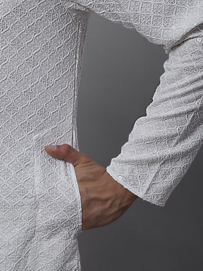Jompers Men's White Chikankari Embroidered and Sequence Kurta