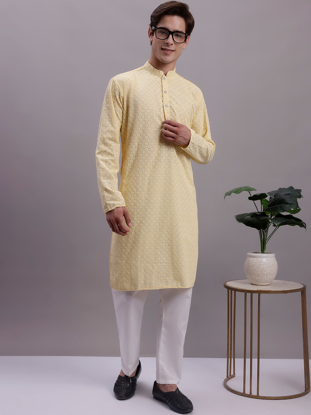 Jompers Men's Yellow Chikankari Embroidered and Sequence Kurta with Pyjama