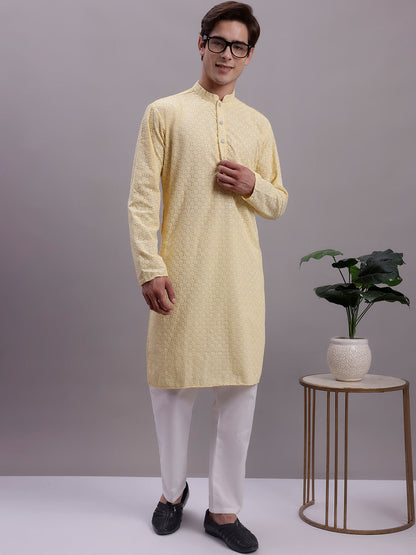 Jompers Men's Yellow Chikankari Embroidered and Sequence Kurta with Pyjama