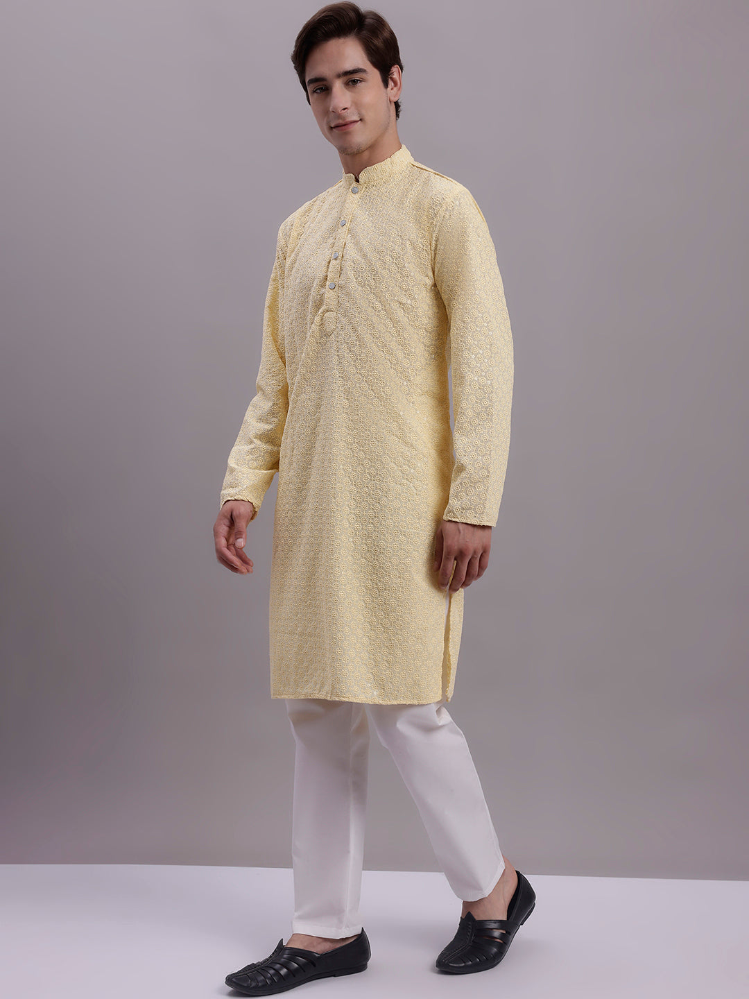 Jompers Men's Yellow Chikankari Embroidered and Sequence Kurta with Pyjama